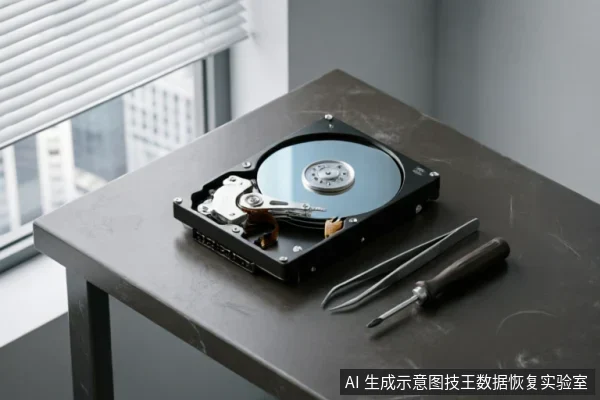 画面展示了一个已拆开外壳的机械硬盘,内部磁盘与磁头组件清晰可见。硬盘旁放置着镊子和螺丝刀等维修工具,置于深色桌面上,背景为带有百叶窗的窗户,呈现出硬件拆解或检测的场景氛围。