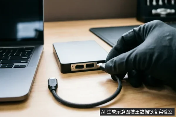 一只戴黑色手套的手正将数据线插入外接移动硬盘的接口,旁边放置着笔记本电脑。画面展示了检查外部连接链和排除接口接触不良的操作场景,对应文中关于在故障排查初期确认物理连接步骤的说明。