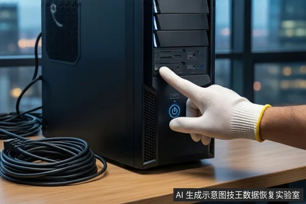 木质桌面上放置一台黑色台式主机,左侧盘绕着黑色电源线。右侧一只戴白色手套的手正按压主机前部发蓝光的电源按钮,背景为模糊的窗户和城市夜景。
