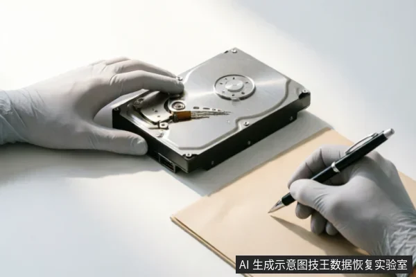 戴着白色防护手套的双手正在检查一块已打开外壳的机械硬盘，露出内部盘片与磁头组件。另一只手正持笔在牛皮纸信封上记录信息，模拟专业数据恢复前的现状记录与评估场景。