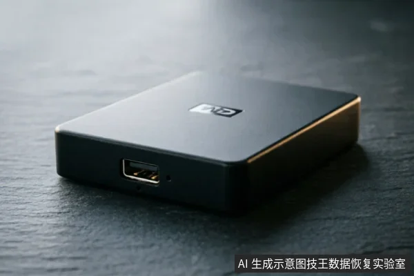 图片展示了一个放置在深色石纹表面上的黑色西部数据(WD)移动硬盘,侧面清晰可见USB接口及状态指示灯孔位。