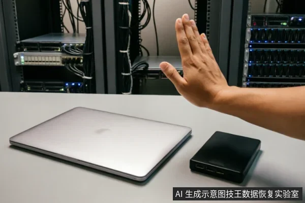 服务器机房背景下,桌面上放置着一台银色笔记本电脑和一个黑色移动硬盘。一只手在设备上方做出停止或制动的手势,示意立即停止操作,符合数据丢失后紧急止损、避免写入覆盖的决策场景。