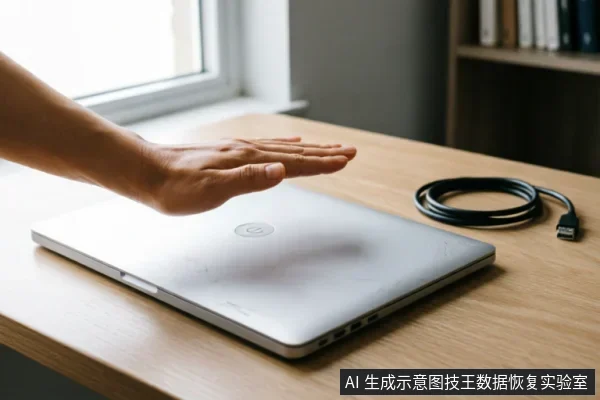 一只手掌悬停在闭合的银色笔记本电脑上方，做出停止或拒绝的手势。电脑放置在木质桌面上，旁边有一根盘绕的黑色数据线，背景为窗户和书架。