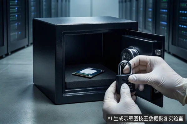 服务器机房金属台面上,一个打开的黑色保险柜内平放着一块固态硬盘。前景中,一双戴白色手套的手正握持一把黑色挂锁,对准保险柜门上的锁孔。