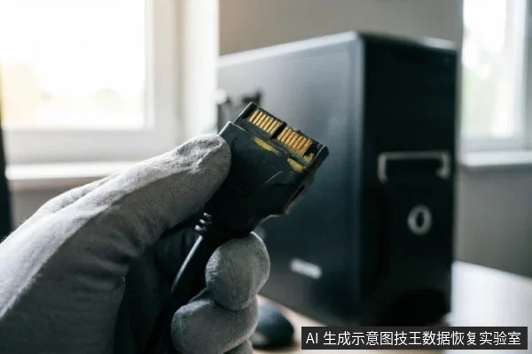 一只戴着灰色防静电手套的手正握着一根黑色的SATA数据线接口,背景虚化显示一台黑色电脑主机。画面聚焦于连接器的金色针脚与塑料外壳,展示了检查外部连接链的动作,符合数据恢复中排除线缆故障的场景。