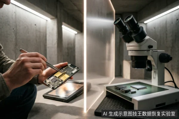 画面展示了一个专业的微电子维修环境。左侧技术人员正使用精密工具拆解手机主板，右侧显微镜下放置着已拆卸的存储芯片，背景为洁净的工业风空间，体现了数据恢复所需的无尘环境与专业设备。