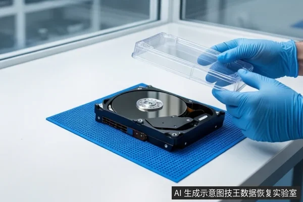 白色桌面上蓝色防静电垫上平放一块打开外壳的机械硬盘，右侧一双戴蓝色手套的手正持握一个透明防尘箱盖，背景为模糊的窗户。