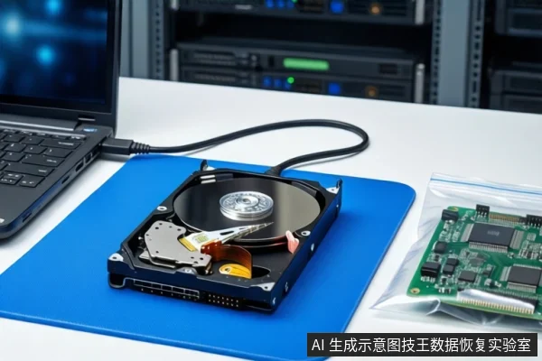 白色桌面上蓝色防静电垫上平放一块打开外壳的机械硬盘，左侧有一台打开的笔记本电脑，右侧透明防静电袋内装有一块绿色电路板，背景为模糊的服务器机柜。
