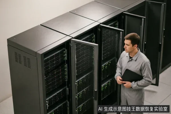 一名身穿灰色工作服的男性技术人员站在数据中心机房内,手持黑色文件夹,正专注检查一排打开柜门的服务器机柜,机柜内设备亮着绿色指示灯。