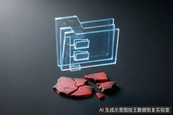 画面展示了一个发光的蓝色透明文件夹图标悬浮在深色背景中,其下方散落着几块破碎的红色碎片。该图像通过完整的数字文件符号与物理损坏碎片的对比,直观地表现了数据恢复过程中“索引存在但内容破碎”的概念。