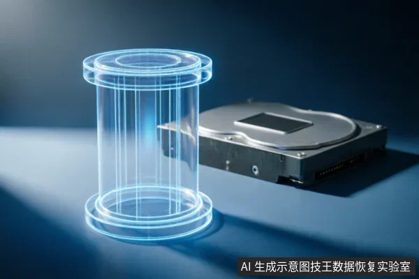 画面展示了一个实体机械硬盘放置在蓝色台面上，旁边悬浮着一个发光的蓝色线框圆柱体模型。该线框结构抽象地代表了数据容器或存储逻辑，与实体硬件形成虚实对比，象征对硬盘内部数据的数字化分析或保护。