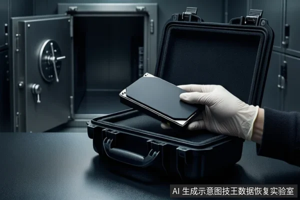 深色桌面上放置一个打开的黑色防震箱，一只戴白色手套的手正握持一块黑色硬盘，悬停在防震箱上方。背景为打开的金属保险箱和模糊的储物柜。