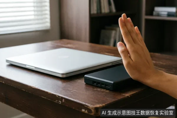 一只手掌在银色笔记本电脑和黑色移动硬盘前做出停止的手势,示意立即断电或停止操作。画面通过肢体语言直观传达在数据恢复过程中遇到故障时应保持冷静、禁止继续通电或尝试修复的紧急警示。