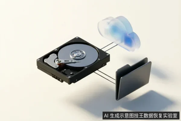 画面展示了一个裸露的机械硬盘，通过线条分别连接着右侧的一个文件夹图标和上方的一个半透明云朵图标。该图形象化地表现了本地物理存储与云端备份、文件管理之间的数据关联。