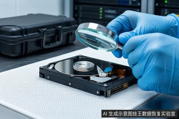 白色防静电垫上平放一块打开外壳的机械硬盘,露出盘片与磁头组件。一双戴蓝色手套的手正握持放大镜,悬停在硬盘上方进行观察。背景左侧是一个闭合的黑色防震箱,后方是模糊的服务器机柜。