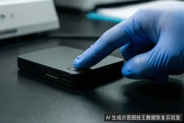 黑色桌面上放置一个黑色移动硬盘,一只戴蓝色手套的手正用手指按压硬盘侧面的电源按钮。