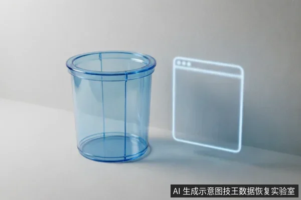 画面展示了一个半透明的蓝色圆柱形容器,旁边悬浮着一个发光的白色线框,形状类似电脑窗口的界面轮廓。该图像通过实体容器与虚拟窗口轮廓的并置,抽象地表现了回收站作为连接物理存储与系统界面的逻辑概念。