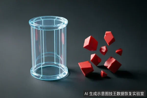 画面左侧为一个竖立的透明圆柱形框架,右侧散落着若干悬浮的红色不规则几何碎块。整体构图通过完整容器与破碎实体的对比,抽象地表现了数据从完整备份状态到恢复时碎片化、结构断裂及受损的状态差异。