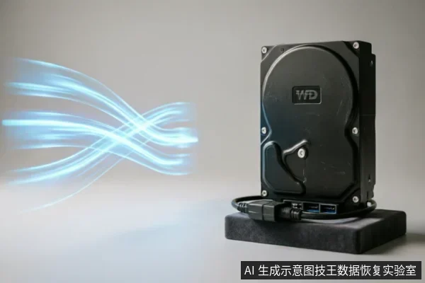 一块黑色机械硬盘竖立放置在黑色底座上,底部连接着数据线和带有蓝色接口的扩展坞。硬盘左侧浮现出数道明亮的蓝色流光线条,象征高速数据传输或信号扫描,背景为干净的灰白色。