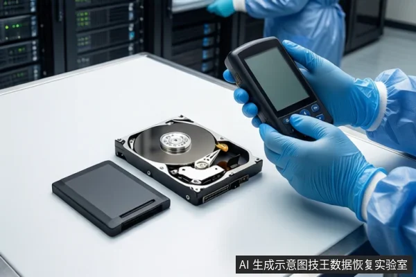 洁净室白色桌面上,戴蓝色手套的双手正持握一个黑色手持设备,下方平放一块打开外壳的机械硬盘,左侧为闭合的黑色硬盘,背景可见服务器机柜。