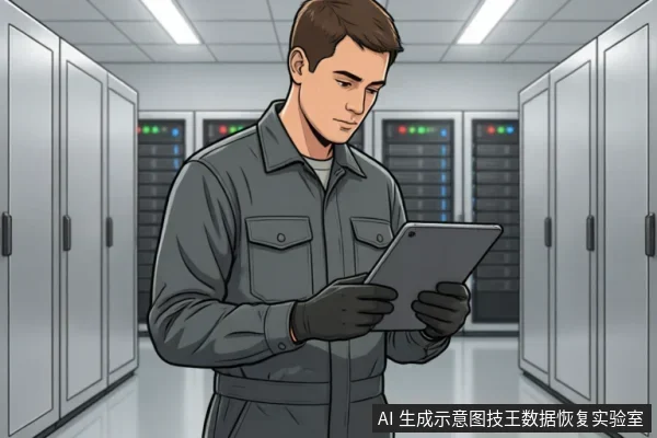 一名身穿灰色工装、戴黑色手套的技术人员站在服务器机房的过道中,双手持平板电脑专注查看屏幕信息。背景为排列整齐的服务器机柜及指示灯,体现对数据中心硬件状态的远程监控与诊断场景。