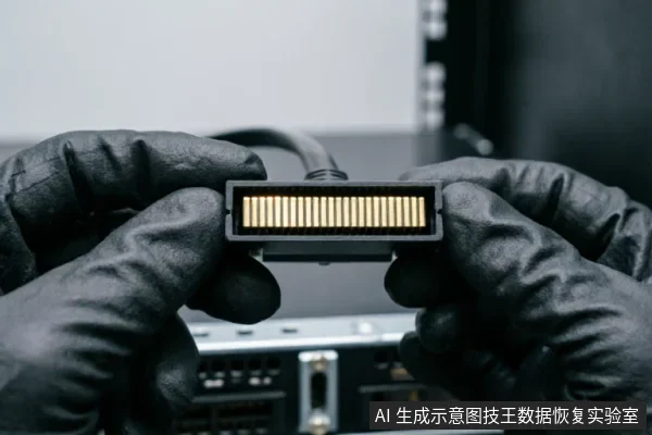 戴着黑色防静电手套的双手正持握一根SATA数据线接口,展示其金色的针脚排列。背景为模糊的专业数据恢复检测仪器面板,体现了对存储设备物理连接链路的排查与检查过程。