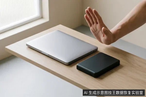 一只手掌在闭合的笔记本电脑和黑色移动硬盘前做出明确的停止手势,示意立即中断操作。画面简洁,强调在设备出现异常时禁止通电或尝试读取,需及时止损并停止一切高风险行为。