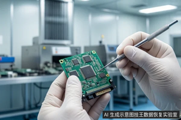 洁净室环境中,一双戴白色手套的手正握持一块绿色电路板,另一只手使用金属探针工具接触板上的芯片。背景可见模糊的工业设备。