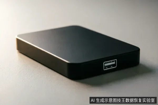 一个黑色的长方形移动硬盘平放在浅色桌面上,侧面清晰可见USB接口,无连接线,画面简洁聚焦于设备外观。