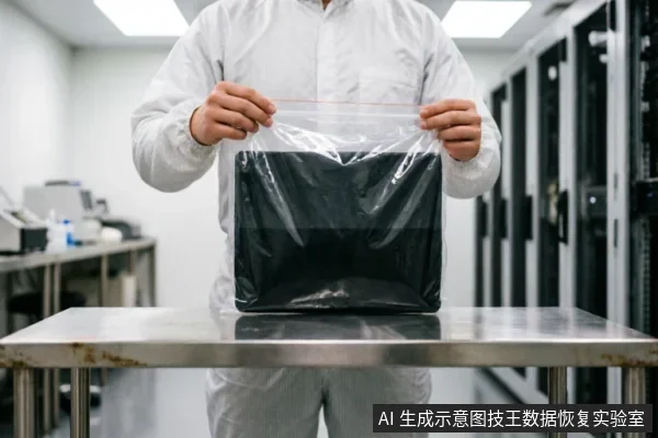 身穿白色防尘服的专业人员双手拿持装有黑色笔记本电脑的透明密封袋,将其置于金属实验台上。背景为排列整齐的服务器机柜,展示了在专业净化环境中对进水设备进行物理隔离与保护的场景。