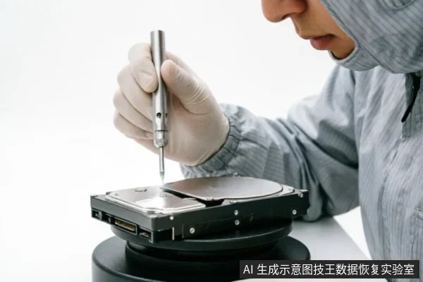 身穿灰色防尘服、佩戴白色手套的专业人员,在洁净环境中使用精密螺丝刀拆解放置在旋转台上的硬盘。画面展示了数据恢复所需的无尘操作环境与物理拆解动作,体现了专业硬件介入的严谨性。