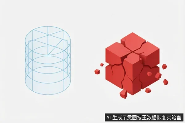 画面左侧为一个浅蓝色线框圆柱体,象征硬盘内部精密的存储结构;右侧为一个正在碎裂崩解的红色立方体,伴有碎片散落,直观表现设备遭受跌落冲击后的物理损坏状态。