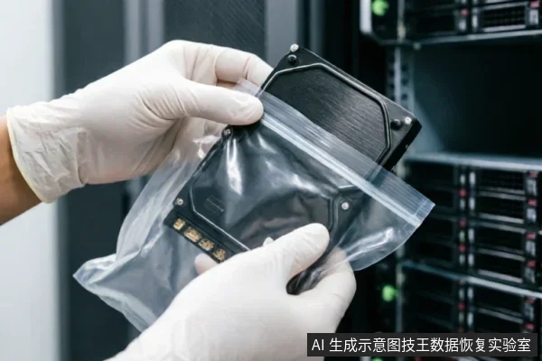 一双戴着白色防护手套的手正将一块黑色机械硬盘放入透明防静电袋中，背景为模糊的服务器机柜。画面展示了在专业环境下对存储介质进行规范封装与保护的操作场景。