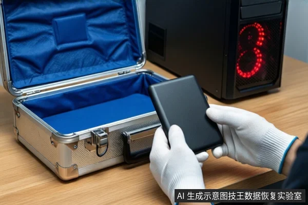 木质桌面上,左侧为打开的银色金属防震箱,内衬蓝色防震垫。前景一双戴白手套的手持握一块黑色移动硬盘。背景右侧竖立一台黑色塔式主机,正面亮着红色灯光。