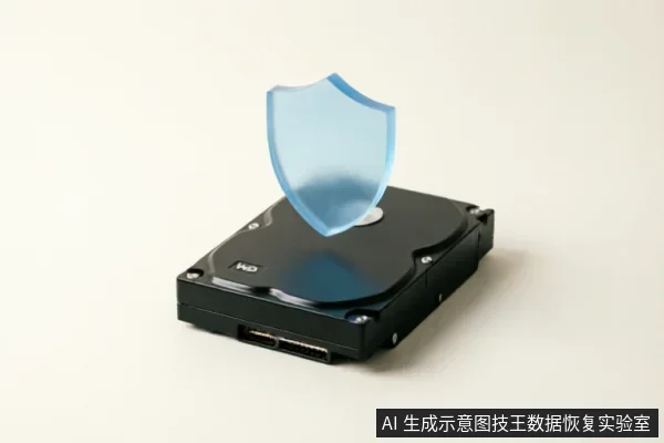 画面展示了一块黑色的WD品牌机械硬盘,其上方悬浮着一个半透明的蓝色盾牌图标。该图像通过视觉符号象征性地表达了在数据恢复过程中对硬盘数据的保护与安全理念。