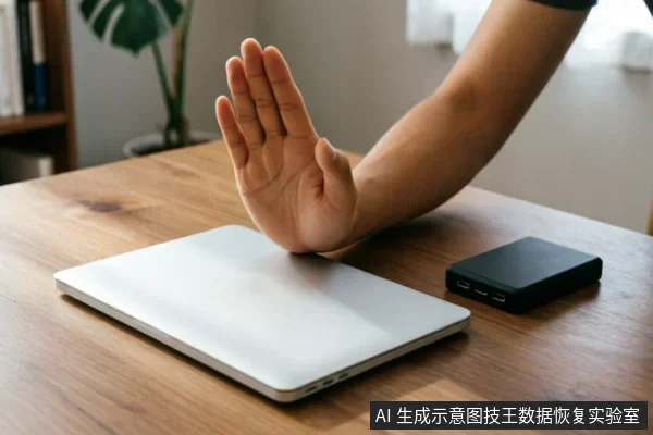 一只手掌在木质桌面上做出明确的停止手势,掌心向外。手前方放置着一台闭合的银色笔记本电脑,右侧有一个黑色的移动硬盘或外接电源设备。背景模糊,突出了拒绝操作和保持现状的动作意图。