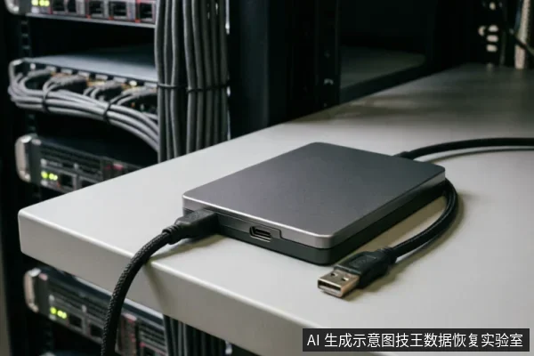 一个银灰色金属外壳的移动存储设备放置在白色桌面上,侧面连接着一根黑色编织USB数据线。背景为模糊的服务器机柜和整齐捆绑的黑色线缆,呈现出专业的数据存储或机房环境。