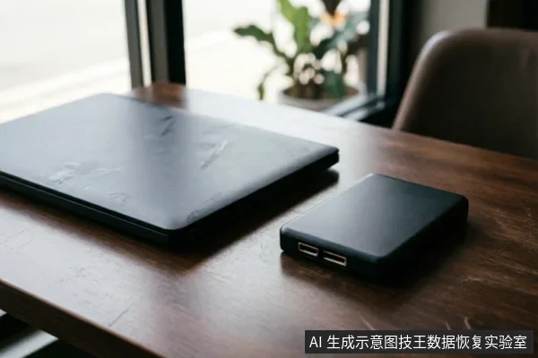 深色木质桌面上放置着一台闭合的黑色笔记本电脑,旁边连接着一个黑色的移动硬盘。背景为模糊的窗户和绿植,光线柔和,呈现出安静的办公或数据恢复排查环境。