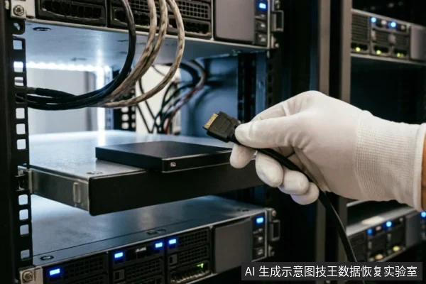 一只戴着白色防静电手套的手正拿着连接线缆的黑色硬盘,准备将其安装或取出于服务器机架的托盘中。背景可见密集的服务器设备与线缆,展现了专业数据恢复机构在受控环境下处理存储介质的场景。