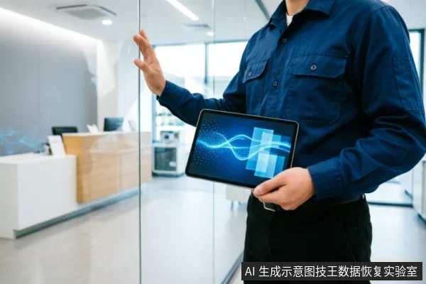一名身穿深蓝色工装衬衫的男子手持显示蓝色波浪与方块图形的平板电脑,另一只手抬起指向面前的透明玻璃隔断。背景为模糊的现代化办公前台区域,整体呈现科技服务场景。