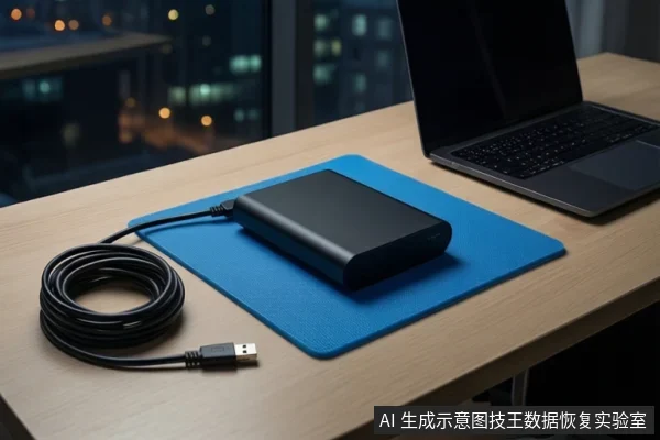 木质桌面上铺着蓝色防静电垫,垫子上平放一个闭合的黑色移动硬盘盒,左侧盘绕着一根黑色USB线缆,右后方是一台打开的黑屏笔记本电脑,背景为模糊的城市夜景。
