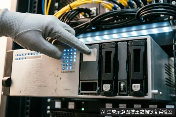 一只戴着灰色防静电手套的手正在操作机架式服务器存储设备,手指按压在带有蓝色LED状态指示灯的硬盘托架区域。背景可见密集的黄色与黑色连接线缆,展示了专业数据中心或硬件检测环境中的设备维护场景。