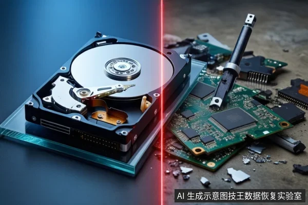 画面被红色竖线分割,左侧蓝色背景上平放一块打开外壳的机械硬盘,右侧灰色粗糙地面上散落着破碎的绿色电路板、芯片和碎片。
