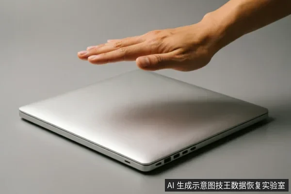 一只手掌悬停在闭合的银色笔记本电脑上方,呈现出准备合上或刚刚打开的姿态。电脑侧面可见接口,背景为纯净的灰色,无任何文字或内部结构展示。