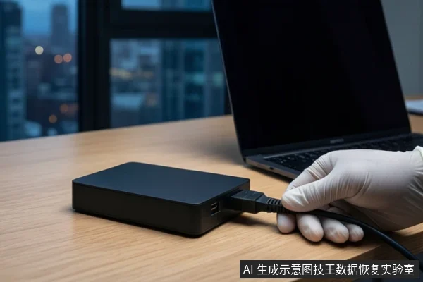 木质桌面上平放一个黑色移动硬盘，一只戴白色手套的手正握持黑色USB线缆插头，将其插入硬盘侧面接口。右后方是一台打开的黑屏笔记本电脑，背景为模糊的窗户和城市夜景。