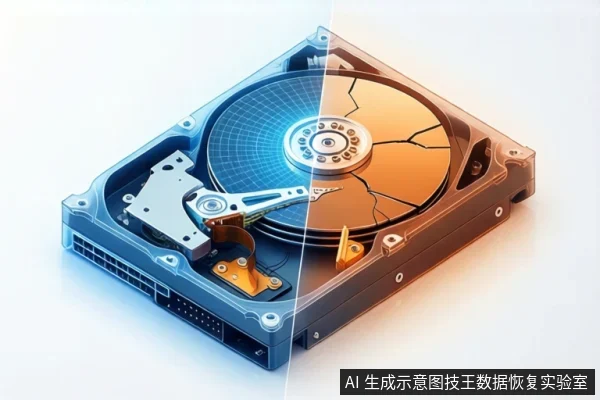 白色背景上,一块打开外壳的机械硬盘呈等距视角,画面被垂直分割为左右两半:左侧盘片呈蓝色网格状,右侧盘片呈橙色并带有明显裂纹,磁头臂横跨盘片。