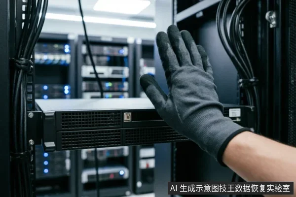 A gloved hand hovers near a rack-mounted server unit in a data center, illustrating physical hardware inspection.
