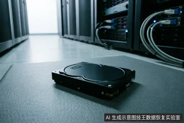 一块黑色的机械硬盘静置在灰色防静电垫上，背景为模糊的数据中心服务器机柜与线缆。画面展示了待检测的存储介质主体，环境符合专业数据恢复或硬件检测场景，未展示具体操作细节。