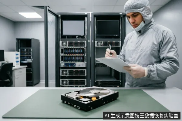 一名身穿灰色防尘服的技术人员站在服务器机柜前,手持写字板正在记录数据。前景桌面上放置着一块已打开外壳的机械硬盘,置于绿色防静电垫上,示意对故障设备进行专业状态记录与检测。