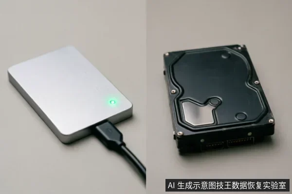 图片展示了两种存储设备：左侧为连接着数据线且亮着绿色指示灯的银色移动硬盘，右侧为一块裸露的黑色笔记本机械硬盘背面。